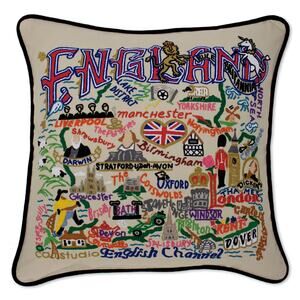 Cat Studio England Embroidered Pillow Cover 18x18 Hand Stitched Map 2004 Vintage
